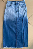 Street Gradual Change Patchwork Pocket Buttons High Opening Zipper Mid Waist Regular Denim Skirts