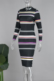 Sweet Striped Patchwork O Neck Pencil Skirt Dresses