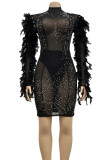 Elegant Solid Patchwork See-through Feathers Mesh Hot Drill Zipper O Neck Sheath Dresses