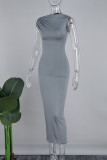 Street Solid Patchwork Fold Asymmetrical Collar Long Dress Dresses