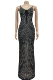 Elegant Patchwork See-through Hot Drill Spaghetti Strap Long Dress Dresses
