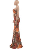 Elegant Print Patchwork Backless Spaghetti Strap Long Dress Plus Size Dresses