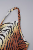 Casual Animal Print Patchwork Backless High Opening Spaghetti Strap Sling Dress Dresses