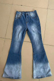 Street Gradual Change Patchwork Pocket Buttons Zipper Mid Waist Boot Cut Denim Jeans