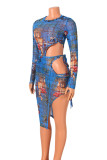 Sexy Print Bandage Hollowed Out Patchwork O Neck Long Sleeve Two Pieces