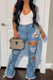 Casual Solid Ripped Patchwork Pocket Buttons Zipper High Waist Straight Denim Jeans