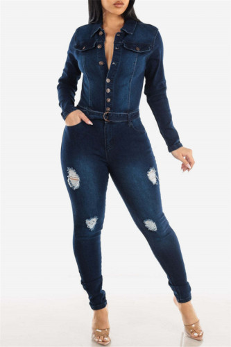 Casual Solid Ripped Patchwork Turndown Collar Long Sleeve Skinny Denim Jumpsuits