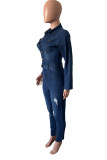 Casual Solid Ripped Patchwork Turndown Collar Long Sleeve Skinny Denim Jumpsuits
