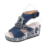 Casual Patchwork Fish Mouth Out Door Wedges Shoes (Heel Height 2.95in)