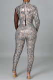 Sexy Print Sequins Patchwork See-through O Neck Skinny Jumpsuits