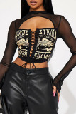 Casual Print Hollowed Out Patchwork Cross Straps O Neck Tops