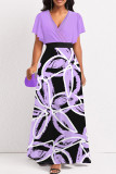 Elegant Print Patchwork Zipper V Neck A Line Plus Size Dresses