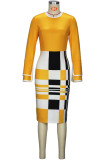 Elegant Plaid Color Block Patchwork Zipper O Neck Pencil Skirt Dresses
