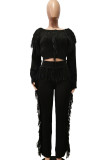 Casual Solid Tassel Patchwork O Neck Long Sleeve Two Pieces