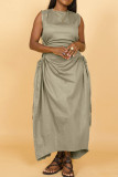 Elegant Solid Hollowed Out Patchwork Draw String High Opening Fold O Neck Long Dress Dresses