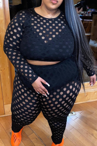 Sexy Solid Hollowed Out Patchwork O Neck Plus Size Two Pieces