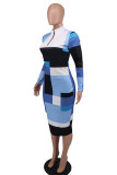 Elegant Color Block Patchwork Slit Zipper Zipper Collar Pencil Skirt Dresses