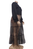 Elegant Patchwork Buckle Pearl Mesh Turndown Collar Long Dress Plus Size Dresses