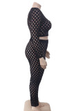 Sexy Solid Hollowed Out Patchwork O Neck Plus Size Two Pieces