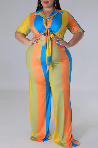 Casual Color Block Bandage Patchwork Turndown Collar Plus Size Two Pieces