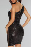 Sexy Street Solid Sequins Patchwork See-through One Shoulder Wrapped Skirt Dresses