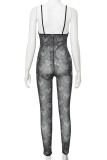 Sexy Print Hollowed Out Patchwork Spaghetti Strap Skinny Jumpsuits
