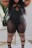 Sexy Solid Hollowed Out Patchwork See-through Halter Plus Size Two Pieces