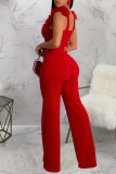 Sexy Street Solid Patchwork With Belt Asymmetrical Collar Regular Jumpsuits