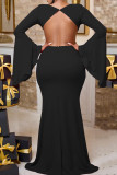 Sexy Elegant Solid Hollowed Out Patchwork Backless V Neck Evening Dress Dresses