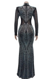 Elegant Patchwork See-through Hot Drill Zipper Half A Turtleneck Long Dress Dresses