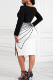 Elegant Striped Patchwork Slit Zipper Square Collar Irregular Dress Plus Size Dresses