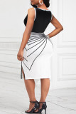 Elegant Striped Patchwork Slit Zipper O Neck Irregular Dress Plus Size Dresses