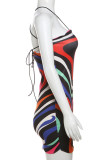 Sexy Print Bandage Patchwork Halter Wrapped Skirt Dresses