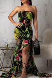 Sexy Print Patchwork High Opening Flounce Strapless Printed Dress Dresses