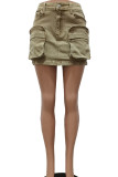 Street Solid Patchwork Pocket Buttons Zipper Low Waist Regular Denim Skirts
