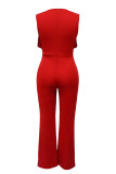 Sexy Solid Patchwork Flounce O Neck Regular Jumpsuits