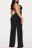 Sweet Solid Patchwork Fold Spaghetti Strap Regular Jumpsuits