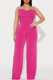 Sweet Solid Patchwork Fold Spaghetti Strap Regular Jumpsuits