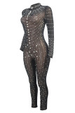 Sexy Patchwork See-through Pearl Hot Drill O Neck Skinny Jumpsuits