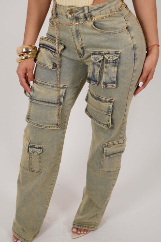 Street Vintage Solid Make Old Patchwork Pocket Buttons Zipper Mid Waist Straight Denim Jeans