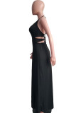 Work Solid Bandage Hollowed Out Patchwork Backless High Opening Halter Long Dresses