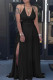 Work Solid Bandage Hollowed Out Patchwork Backless High Opening Halter Long Dresses