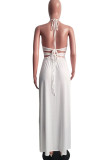 Work Solid Bandage Hollowed Out Patchwork Backless High Opening Halter Long Dresses