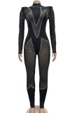 Sexy Hot Drilling Patchwork See-through Mesh O Neck Skinny Jumpsuits