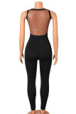 Sexy Patchwork See-through Mesh Zipper V Neck Skinny Jumpsuits