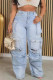Casual Solid Ripped Patchwork Pocket Buttons Zipper High Waist Loose Denim Jeans