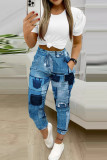 Casual Print Bandage Patchwork Pocket O Neck Short Sleeve Two Pieces