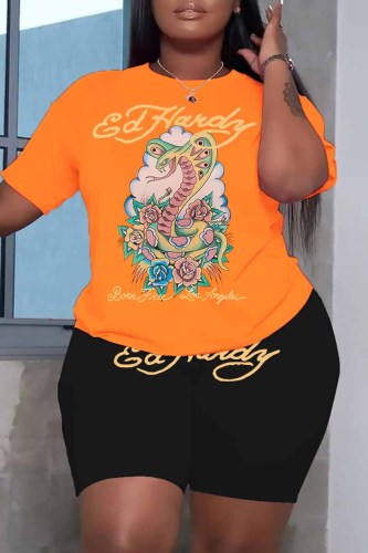 Casual Print Letter O Neck Plus Size Two Pieces