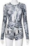 Street Print Patchwork O Neck Long Sleeve Two Pieces