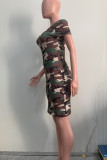 Sweet Camouflage Print Patchwork Buckle O Neck Sheath Dresses